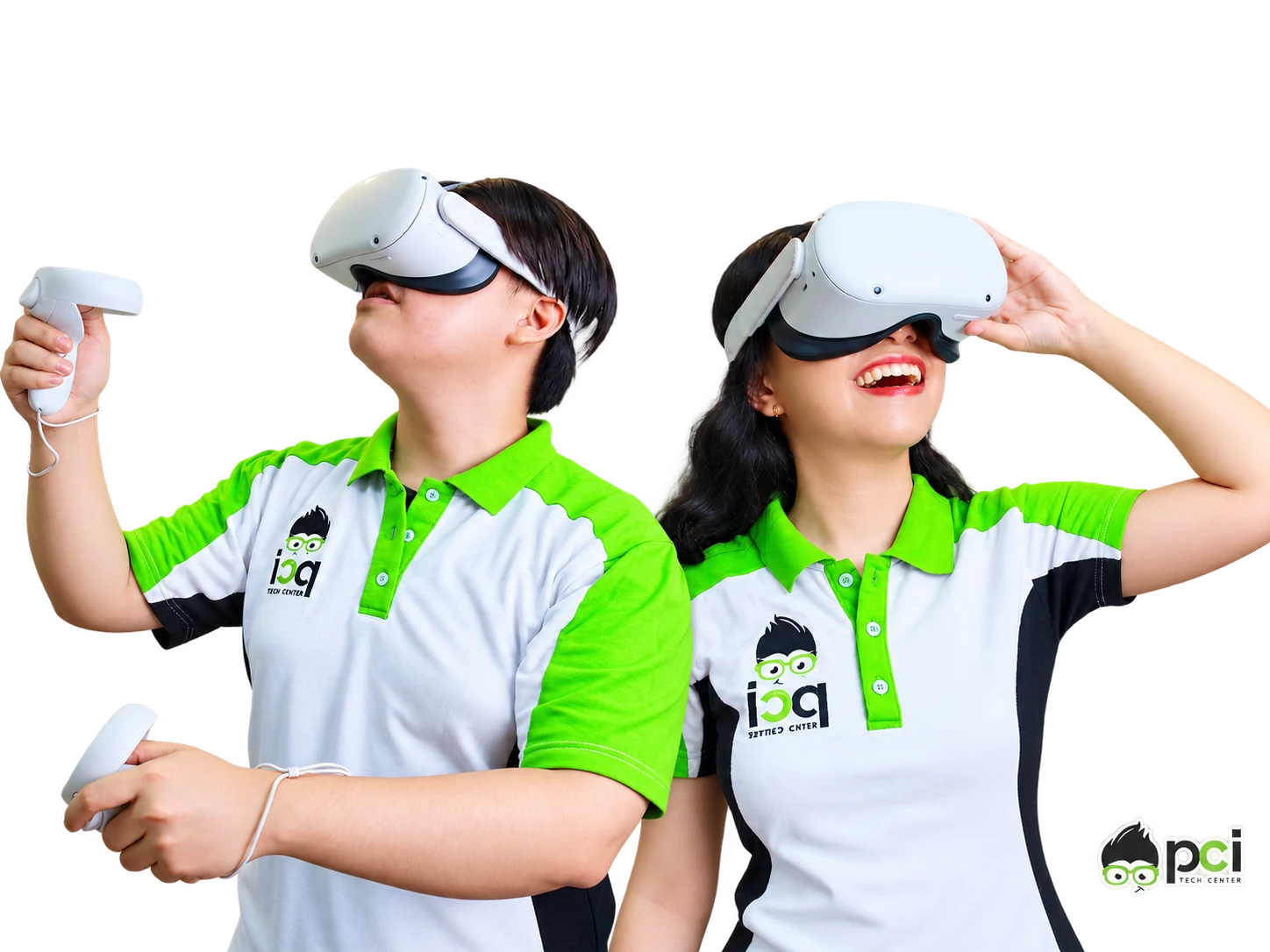 Two PCI Tech Center trainers in branded polo shirts using VR headsets and controllers